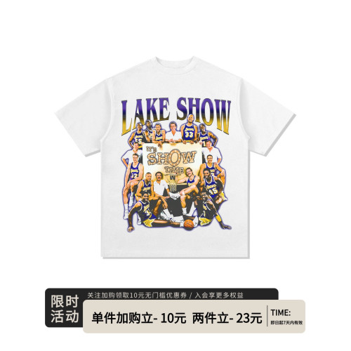 Lakers vintage湖人美式復古重磅純棉西海岸嘻哈短袖男t恤籃球ins