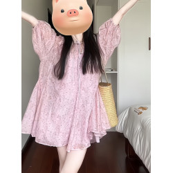 別致絕美氣質短裙女夏季2025新款小個子松弛感遮肉顯瘦粉色連衣裙