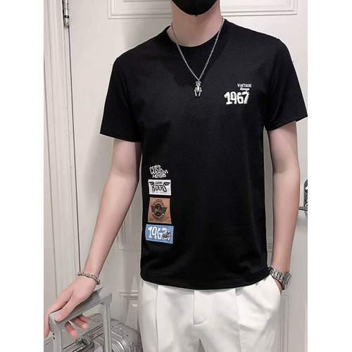 歐洲站高級冰絲光棉涼感短袖男T恤潮牌摩托印花修身半袖體恤衫夏
