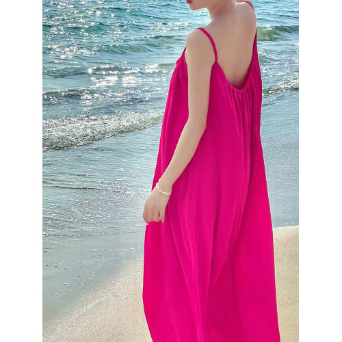 海南拍照露背沙灘裙女夏海邊度假連衣裙火龍果色雪紡大碼吊帶裙子