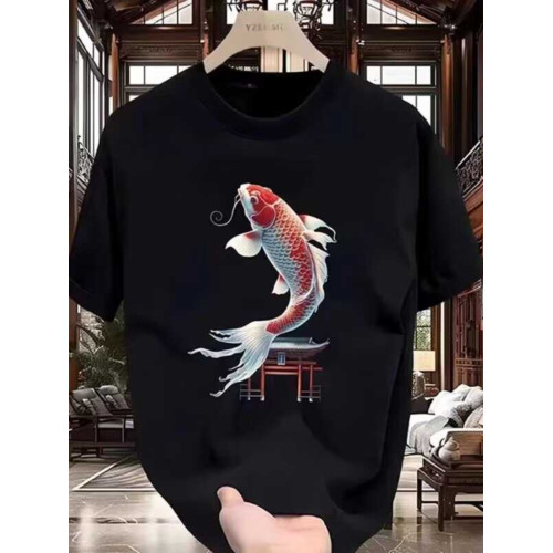 2024國潮高級冰絲光棉短袖男T恤潮流鯉魚躍龍門印花半袖透氣上衣