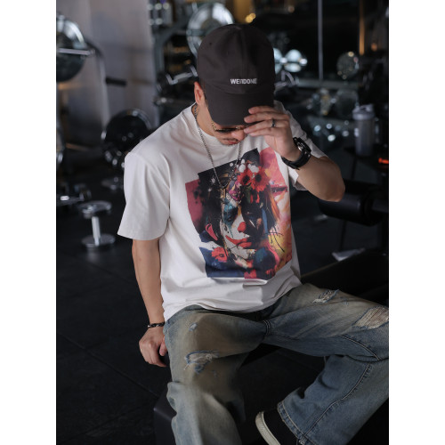 Secretbase成衣染色重水洗做舊 油畫小醜印花男T恤 寬松潮短袖