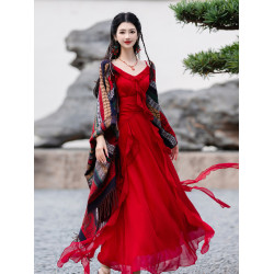 夏日絕美小裙子復古民族風紅色雪紡吊帶連衣裙海邊度假沙灘長裙仙