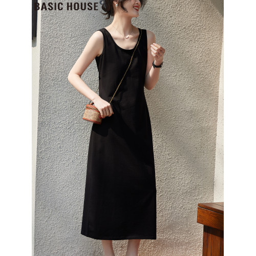 Basic House/百家好法式赫本風黑色長款背心連衣裙女2025夏季新款
