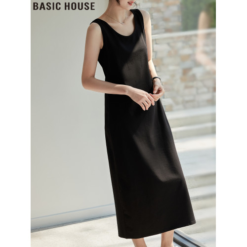 Basic House/百家好法式赫本風黑色長款背心連衣裙女2025夏季新款