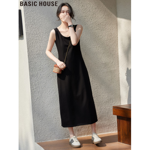Basic House/百家好法式赫本風黑色長款背心連衣裙女2025夏季新款