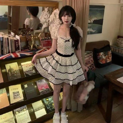 波點連衣裙女學生中長款甜美可愛2025夏小個子顯瘦蓬蓬公主蛋糕裙