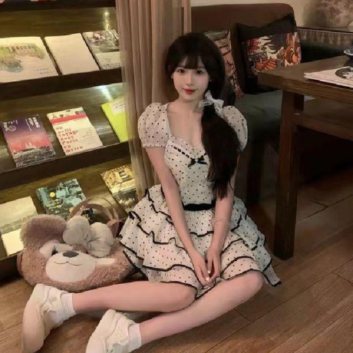 波點連衣裙女學生中長款甜美可愛2025夏小個子顯瘦蓬蓬公主蛋糕裙