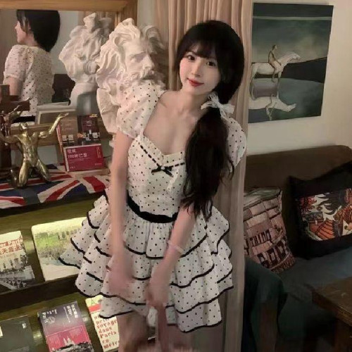 波點連衣裙女學生中長款甜美可愛2025夏小個子顯瘦蓬蓬公主蛋糕裙