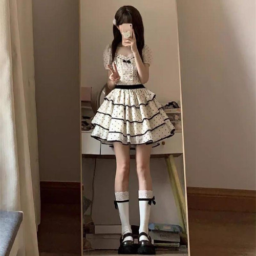 波點連衣裙女學生中長款甜美可愛2025夏小個子顯瘦蓬蓬公主蛋糕裙