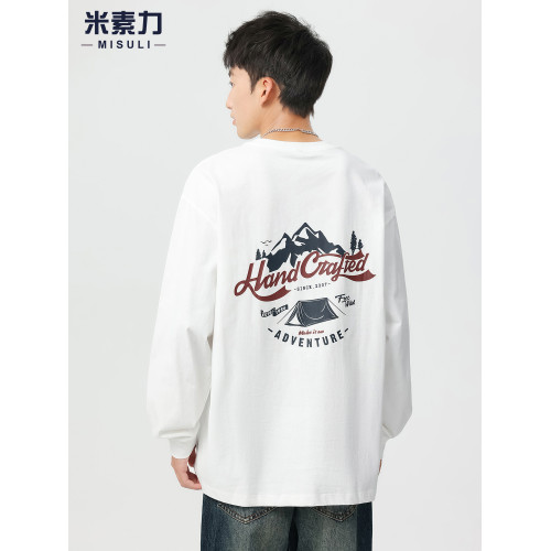 白色長袖男t恤美式復古印花純棉圓領打底衫春季新款大碼休閒上衣