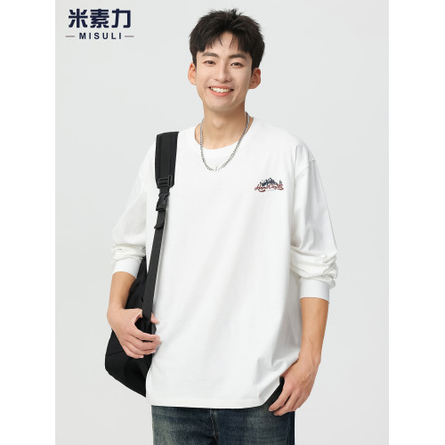 白色長袖男t恤美式復古印花純棉圓領打底衫春季新款大碼休閒上衣