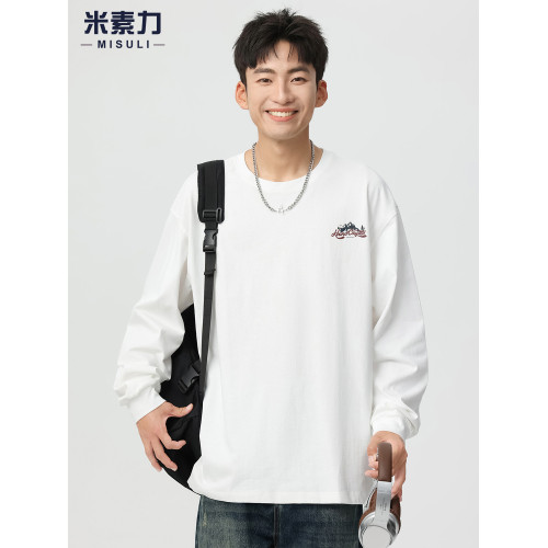 白色長袖男t恤美式復古印花純棉圓領打底衫春季新款大碼休閒上衣