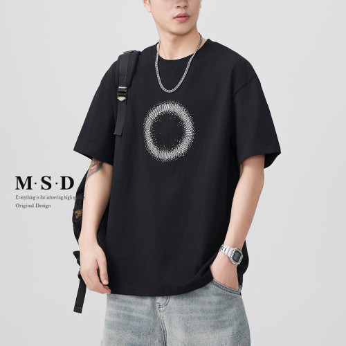 MSD 圓形絨面髮泡印花短袖男T恤夏季寬松重磅純棉半袖體恤上衣潮