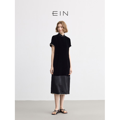 EIN言輕禮服新中式立領流光絲絨花邊拼接旗袍連衣裙 2025春夏新款