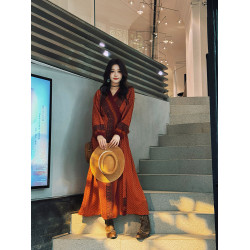 沙漠紅色異域風一片式連衣裙女夏西北拍照民族風度假防曬沙灘裙子