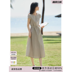 XWI訢未棉質知性優雅純色連肩袖連衣裙女夏季大方得體收腰顯瘦裙