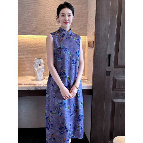 許北亭原創新中式國風復古立領無袖寬松連衣裙改良旗袍紫色夏季女