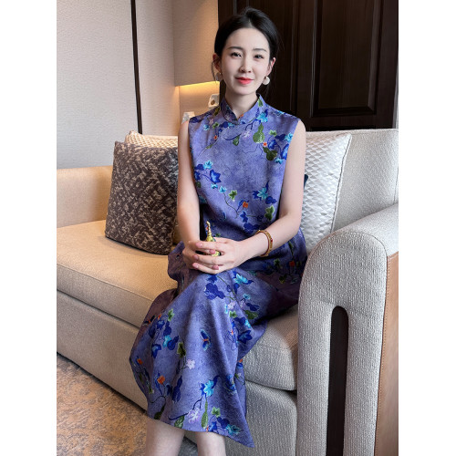 許北亭原創新中式國風復古立領無袖寬松連衣裙改良旗袍紫色夏季女