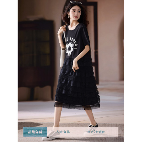 素木蕾絲拼接印花連衣裙女夏季2025年新款大碼a字裙歐貨時尚裙子