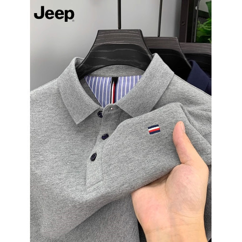 JEEP吉普下擺開衩男t恤純棉高級刺綉翻領長袖Polo衫重磅上衣