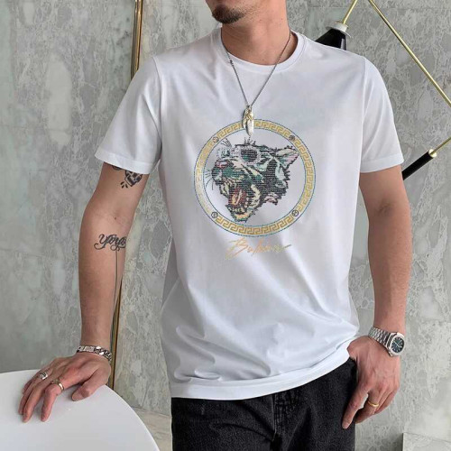歐洲站高質感短袖男T恤新款個性虎頭燙鑽高級潮牌休閒絲光棉體恤