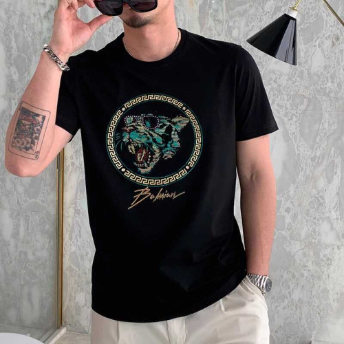 歐洲站高質感短袖男T恤新款個性虎頭燙鑽高級潮牌休閒絲光棉體恤