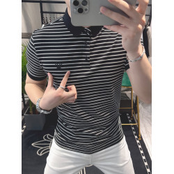 笛豹高級歐貨短袖男T恤歐洲站條紋polo衫高級感輕奢修身男裝半袖