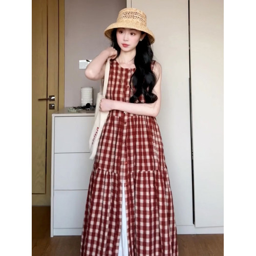 氣質紅色格子背心連衣裙子女夏季2025新款夏日絕美無袖長裙小個子