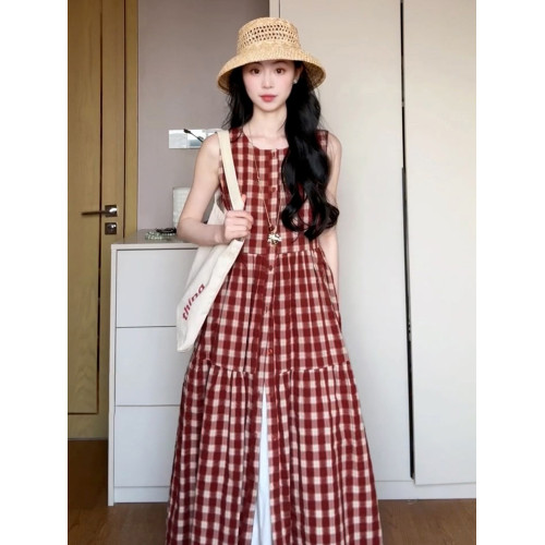 氣質紅色格子背心連衣裙子女夏季2025新款夏日絕美無袖長裙小個子