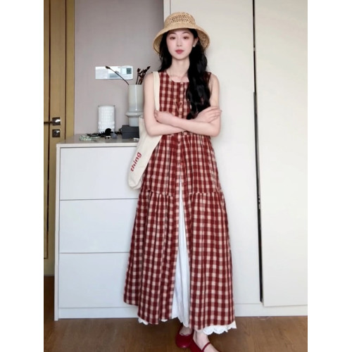 氣質紅色格子背心連衣裙子女夏季2025新款夏日絕美無袖長裙小個子