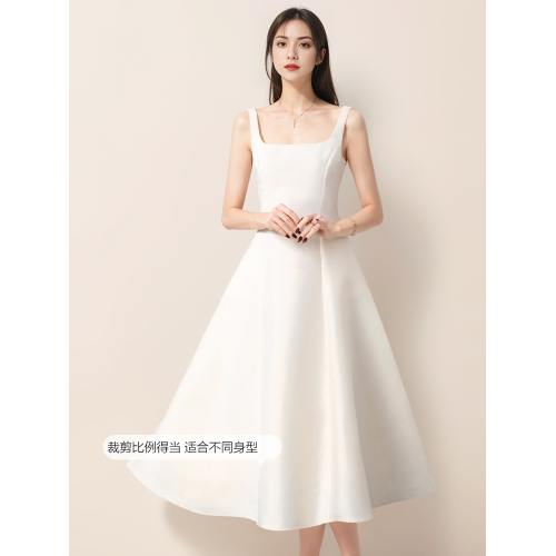白色吊帶連衣裙女法式生日訂婚禮服多巴胺穿搭初戀小白裙蓬蓬裙夏