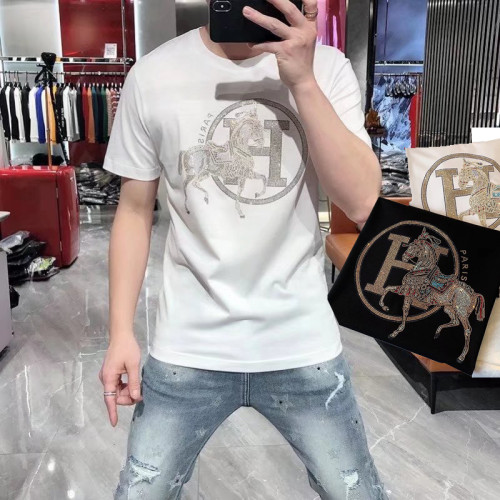 歐洲站夏季新款短袖男T恤燙鑽金色H薄款涼爽絲光棉時尚輕奢華潮牌