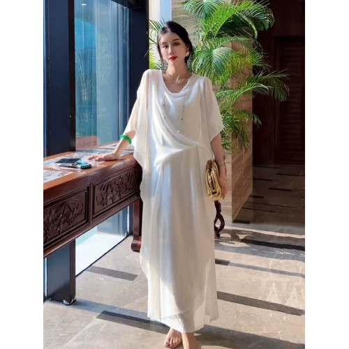 連衣裙女夏減齡2025超火大碼寬松不規則長裙潮高級小衆不撞款裙子