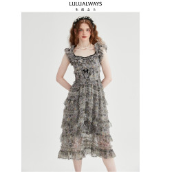 LULUALWAYS【商場同款】25夏季新款法式氣質網紗拼接蛋糕連衣裙女