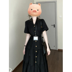 今年流行爆款黑色v領連衣裙子女夏裝2025新款夏季高級感收腰長裙