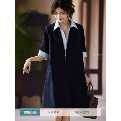 素木氣質翻領拼接連衣裙女夏季歐貨大碼寬松裙子2025年新款a字裙