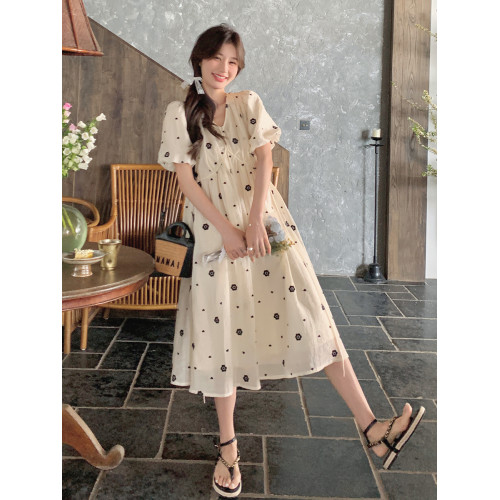 米白色印花連衣裙女夏季新款韓系泡泡袖高腰顯瘦甜美小個子a字裙