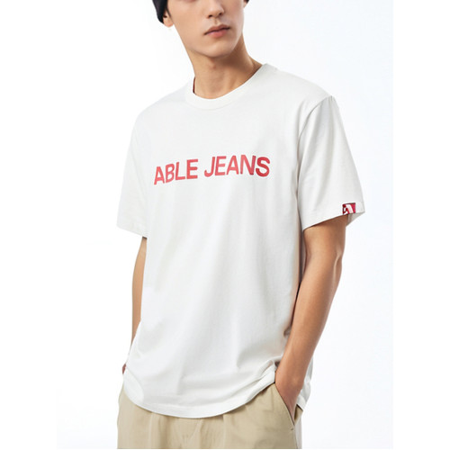 ABLE JEANS男t恤純棉短袖圓領印花體恤衫白色純棉寬松打底衫