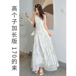 白色吊帶長裙顯瘦顯高氣質性感170高個子加長版連衣裙碎花新中式