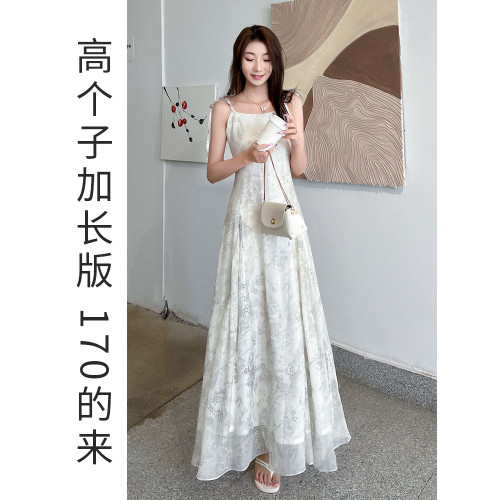 白色吊帶長裙顯瘦顯高氣質性感170高個子加長版連衣裙碎花新中式