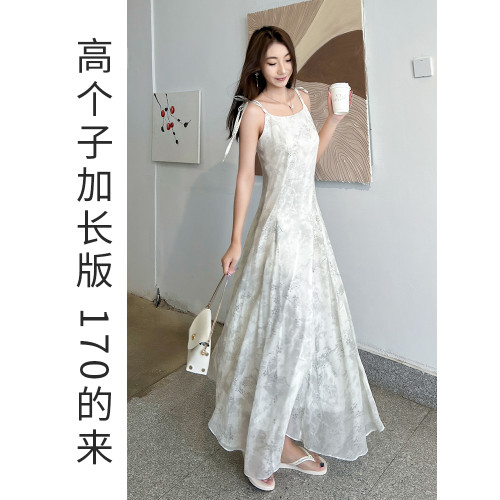 白色吊帶長裙顯瘦顯高氣質性感170高個子加長版連衣裙碎花新中式