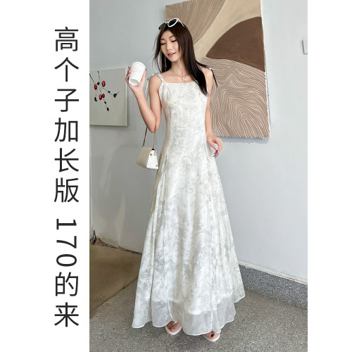 白色吊帶長裙顯瘦顯高氣質性感170高個子加長版連衣裙碎花新中式