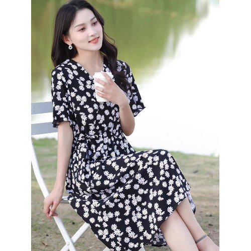 2025新款棉綢連衣裙碎花氣質女夏季中長款高級收腰顯瘦人造棉大擺