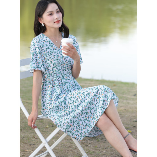 2025新款棉綢連衣裙碎花氣質女夏季中長款高級收腰顯瘦人造棉大擺