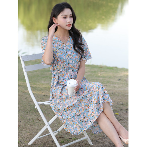 2025新款棉綢連衣裙碎花氣質女夏季中長款高級收腰顯瘦人造棉大擺