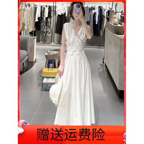米白色立體花朵精緻重工洋氣無袖連衣裙女2025夏新款長款A字裙