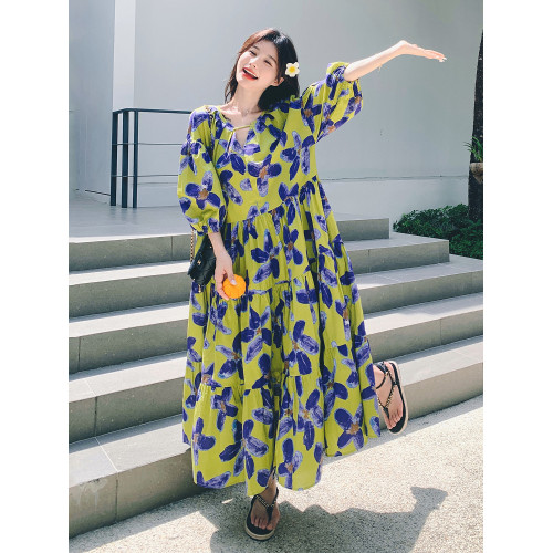 洋氣減齡大碼連衣裙女夏季度假風寬松胖mm顯瘦孕婦遮肚大裙擺長裙