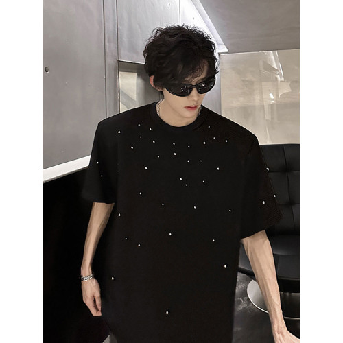 cleanfit滿天星墊肩短袖男夏季美式高街珍珠釘珠設計感小領口t恤