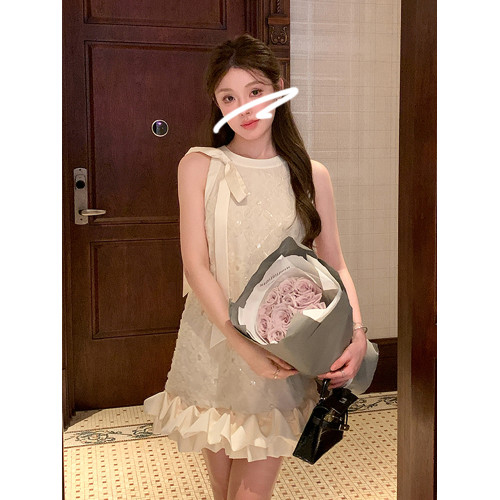 FFmiss◆輕奢鑲鑽蝴蝶結花朵連衣裙女夏名媛寬松腰亮片網紗蓬蓬裙